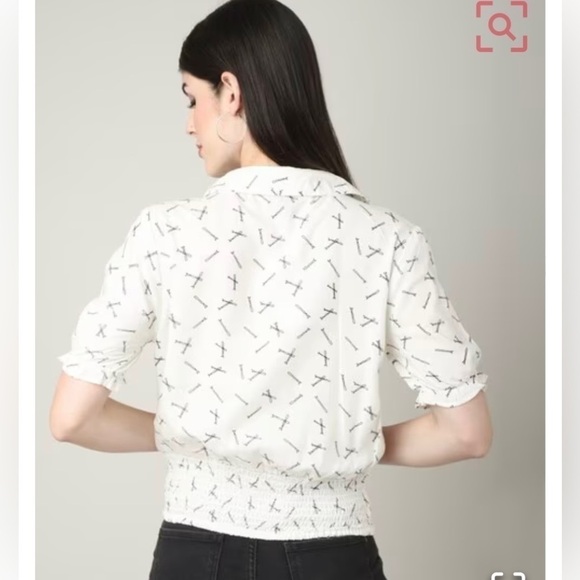 Bobby Pin Pattern Printed Shirt With Smocked Waist Size L Off White & Black - Picture 2 of 13